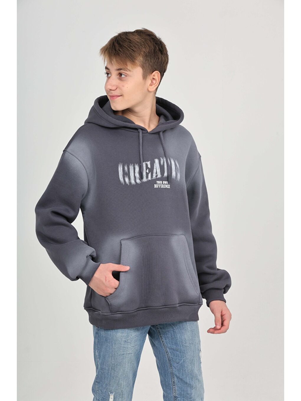 Antrasit Erkek Çocuk Relax Fit Kapüşonlu Cepli Baskılı Sweatshirt-2