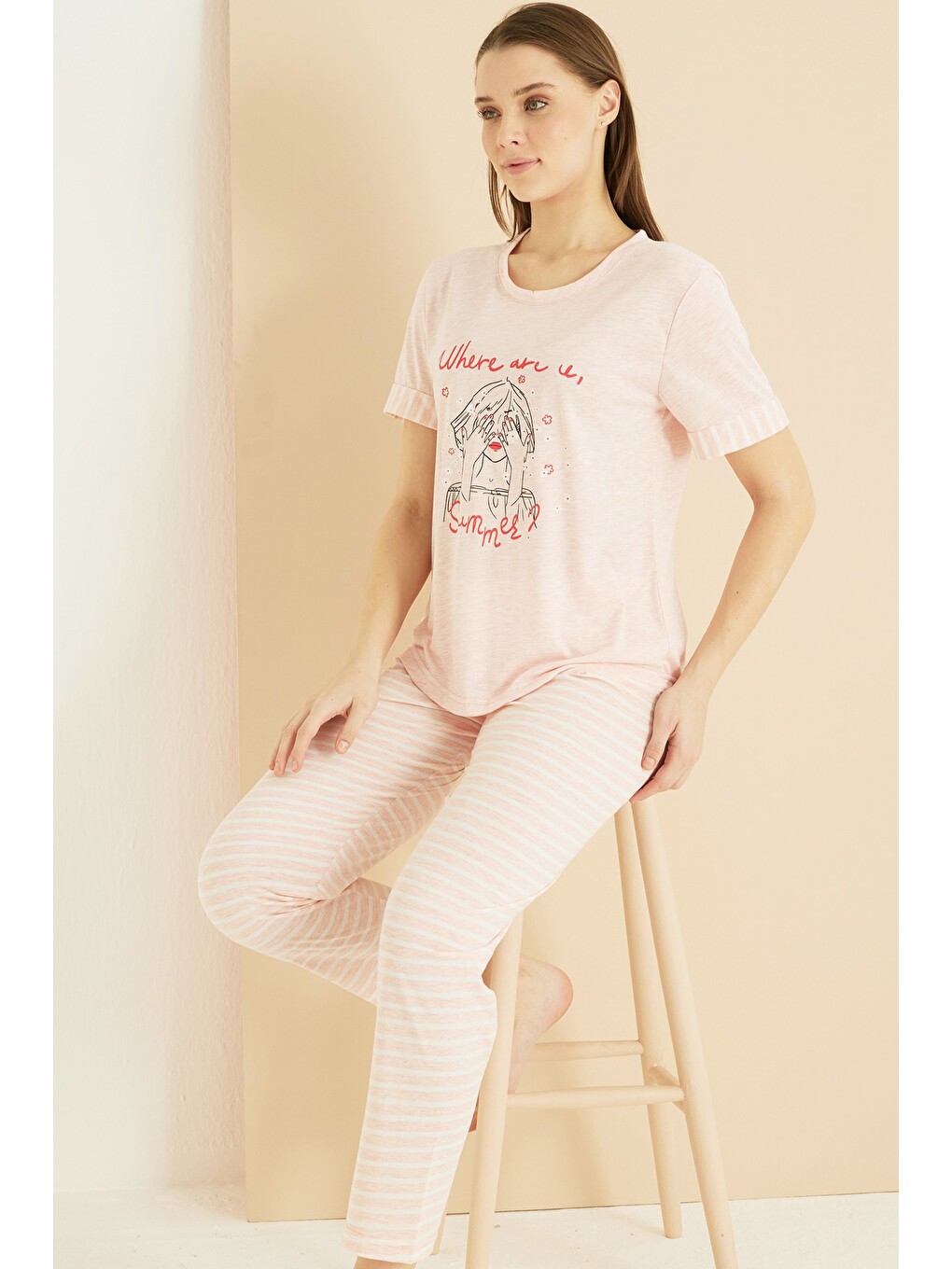Karışık Pamuklu Bisiklet Yaka Örme Pijama Takım25103225