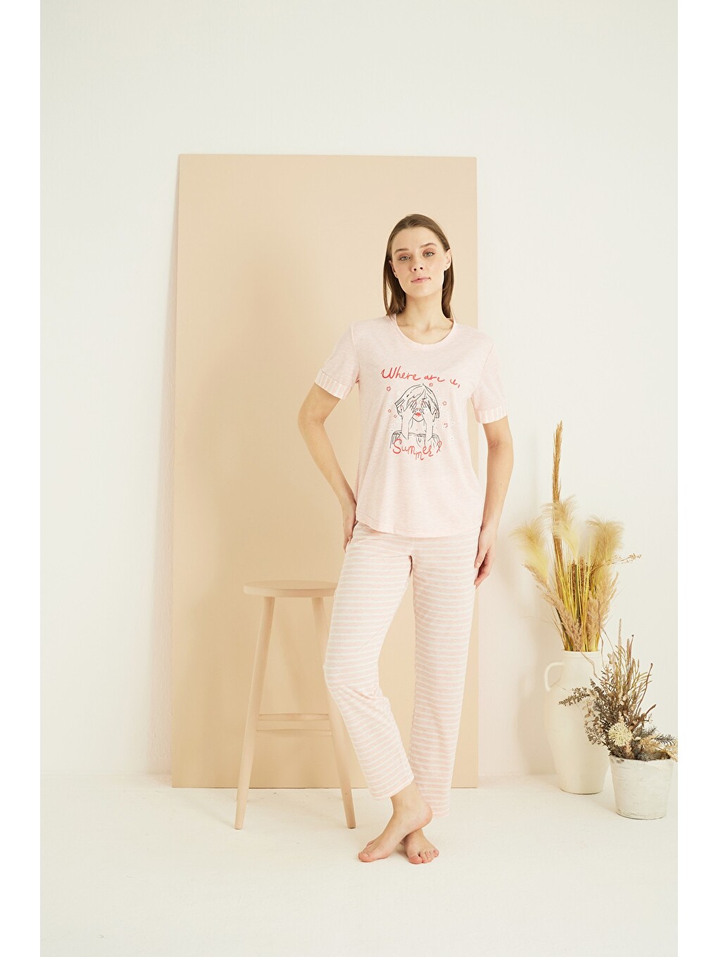 Karışık Pamuklu Bisiklet Yaka Örme Pijama Takım25103225-1