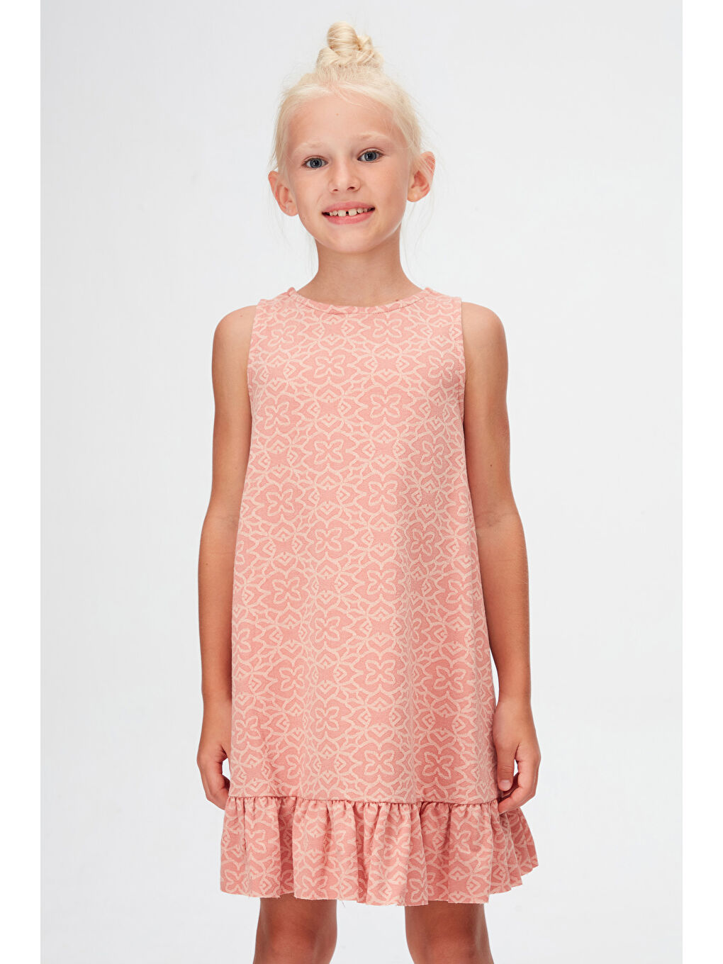 Pembe Somon Yonca Desen Kız Çocuk Fırfırlı Çan Etekli Elbise-2
