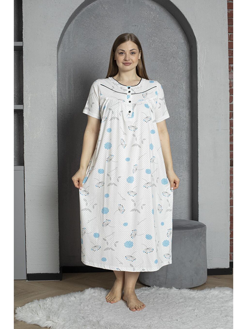 Turkuaz Düğmeli Yaka Kısa Kol %100 Pamuklu Penye Büyük Beden Anne Geceliği 1515