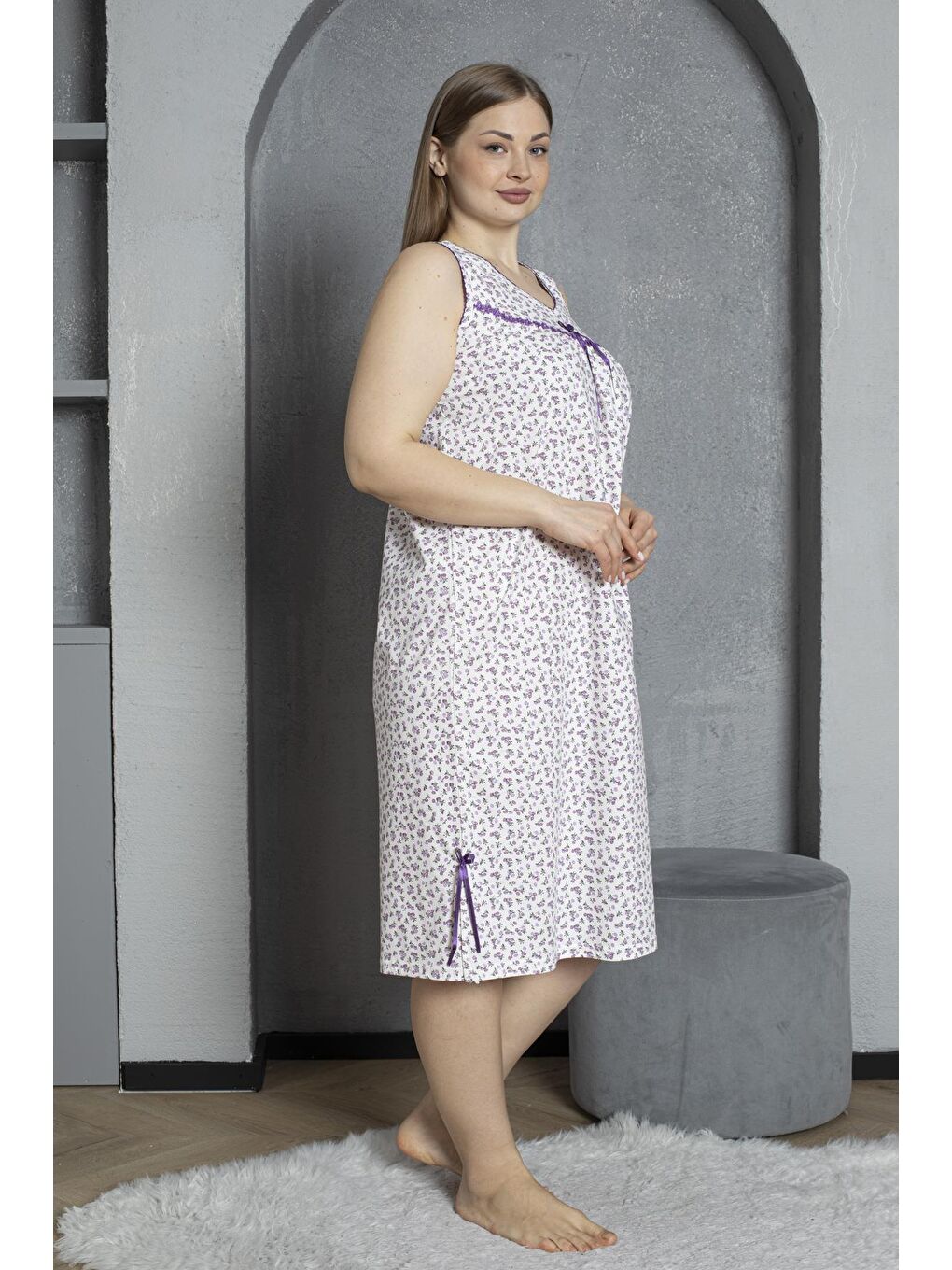 Mor Sıfır Kol V Yaka %100 Pamuklu Penye Büyük Beden Anne Geceliği 819-2