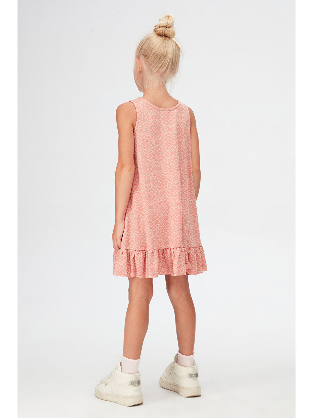 Pembe Somon Yonca Desen Kız Çocuk Fırfırlı Çan Etekli Elbise-4