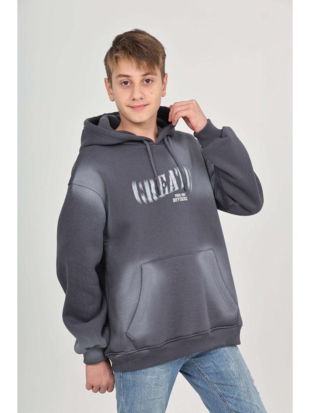Antrasit Erkek Çocuk Relax Fit Kapüşonlu Cepli Baskılı Sweatshirt-3