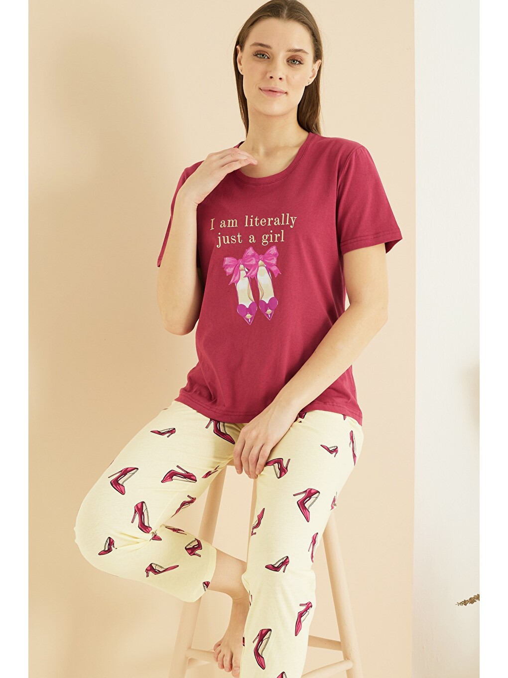 Kırmızı Pamuklu Bisiklet Yaka Örme Pijama Takım25103208