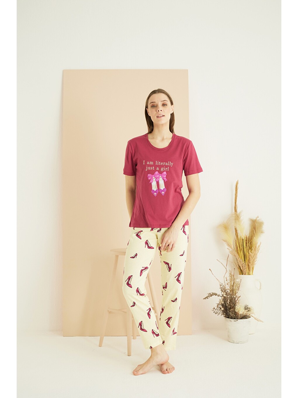 Kırmızı Pamuklu Bisiklet Yaka Örme Pijama Takım25103208-1