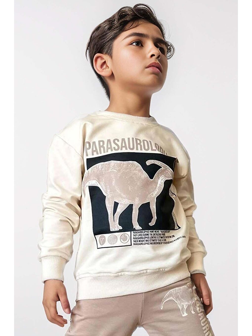 Erkek Çocuk Göğsünde Parasaurolophus Digital ve Yazı Baskılı Bej Eşofman Takım-2