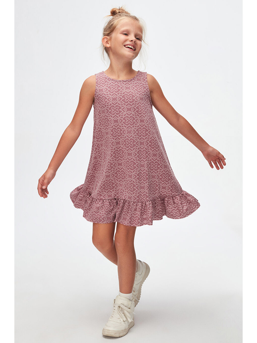 Mor Yonca Desen Kız Çocuk Fırfırlı Çan Etekli Elbise-1