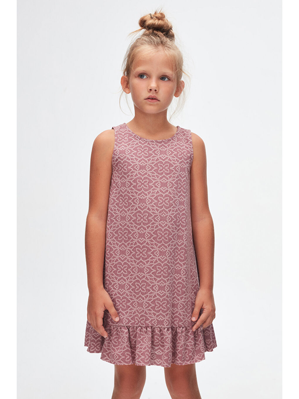 Mor Yonca Desen Kız Çocuk Fırfırlı Çan Etekli Elbise-2