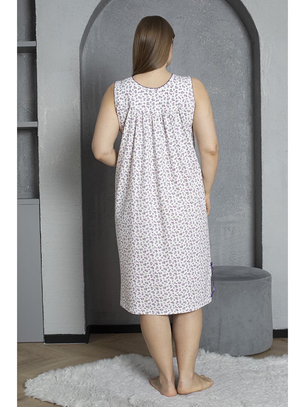 Mor Sıfır Kol V Yaka %100 Pamuklu Penye Büyük Beden Anne Geceliği 819-4