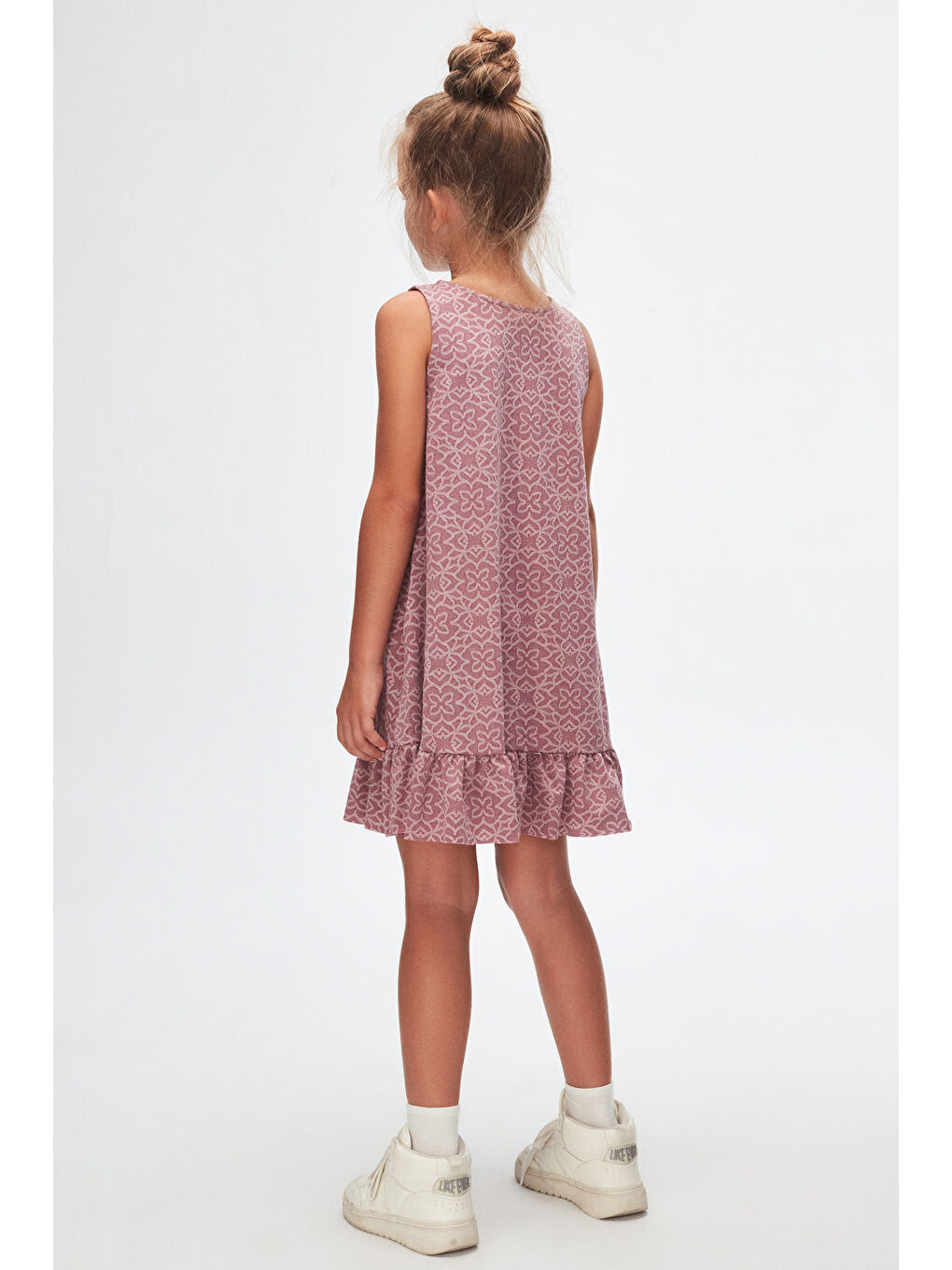 Mor Yonca Desen Kız Çocuk Fırfırlı Çan Etekli Elbise-4