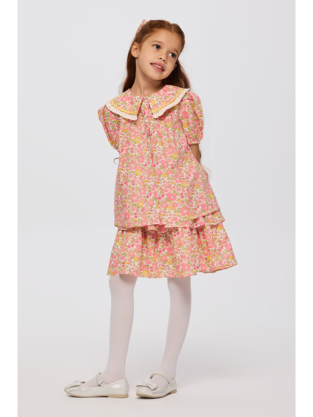 Pembe Liberty Kumaş Çiçek Desenli Kız Çocuk Gömlek-1