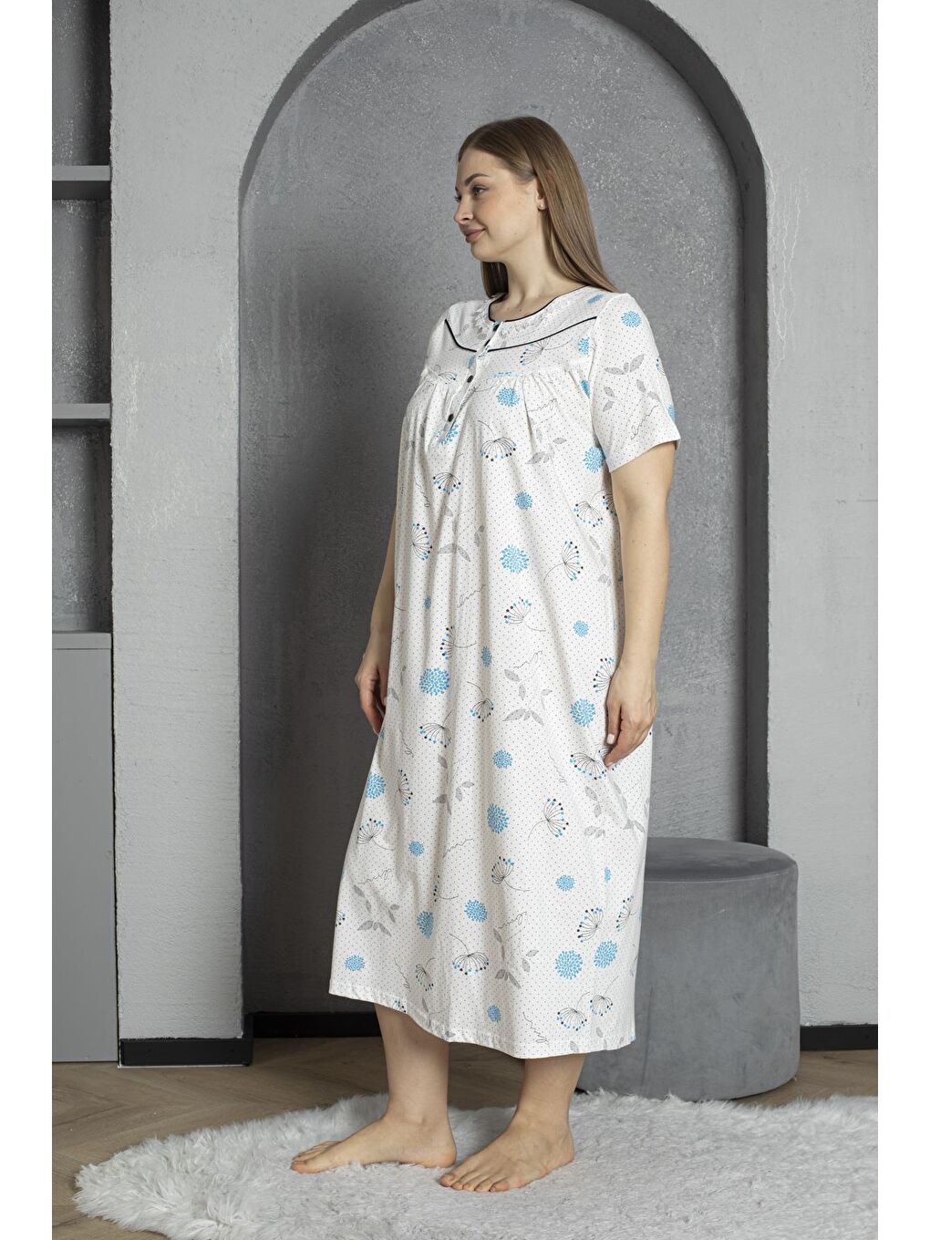 Turkuaz Düğmeli Yaka Kısa Kol %100 Pamuklu Penye Büyük Beden Anne Geceliği 1515-2