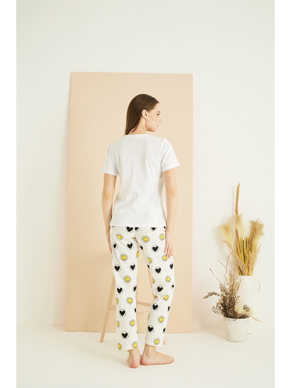 Ekru Pamuklu Bisiklet Yaka Örme Pijama Takım25103234-2