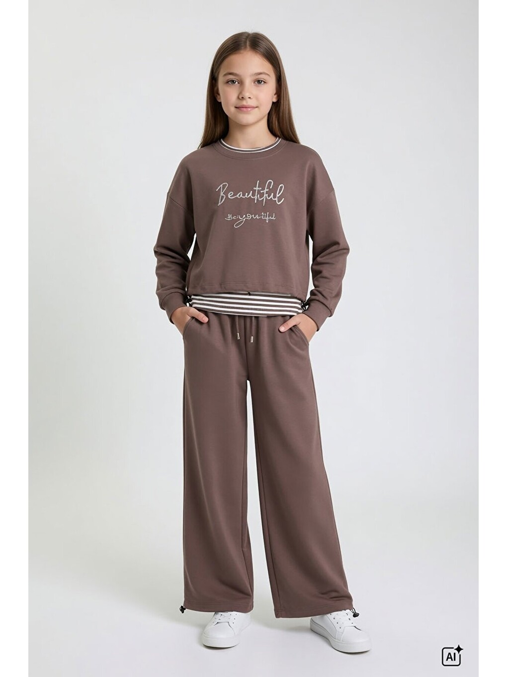 Kahverengi Kız Çocuk Çizgili Croplu Sweatshirt 3lü Geniş Paça Eşofman Takımı 24777-2