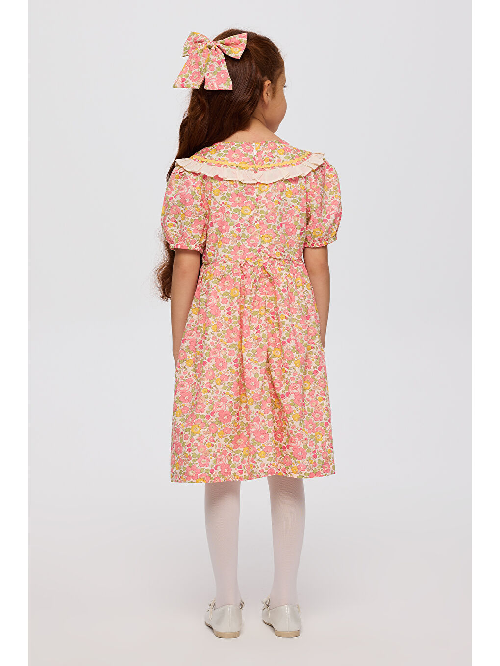 Pembe Liberty Kumaş Çiçek Desenli Kız Çocuk Elbise-6