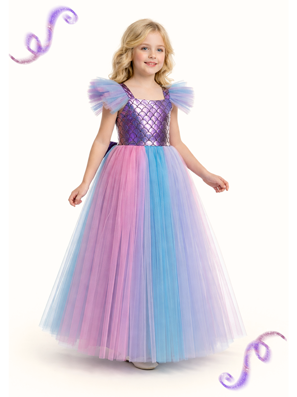 Fuşya Denizkızı Kat Kat Tütülü 3d Abiye Kız Çocuk Elbise