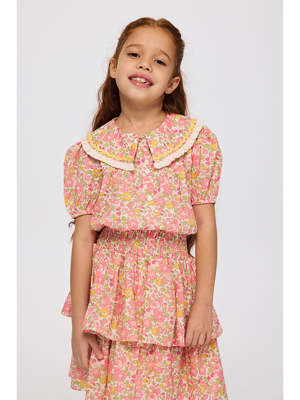Pembe Liberty Kumaş Çiçek Desenli Kız Çocuk Gömlek-5