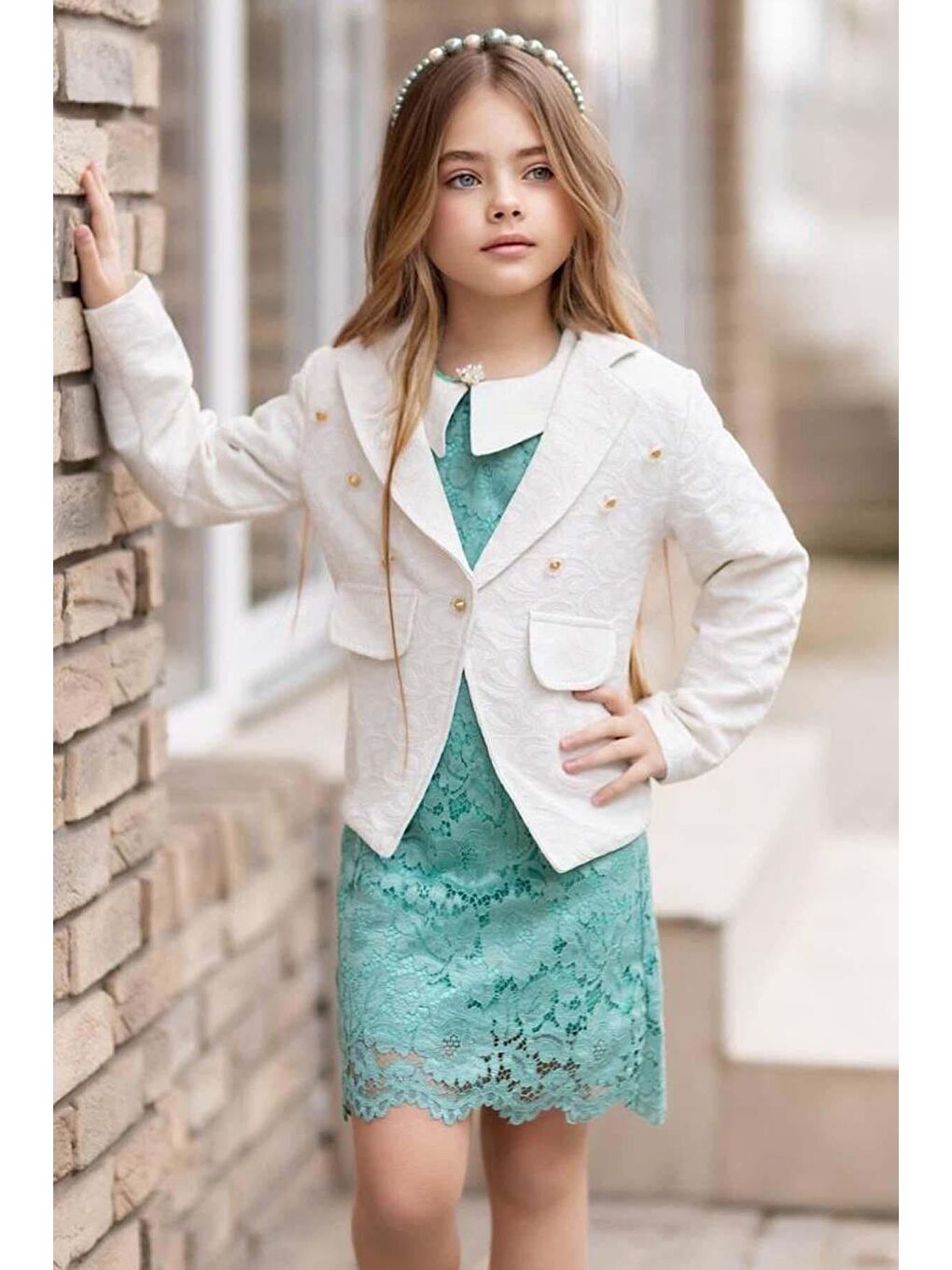 Kız Çocuk Bebe Yaka Üzeri Boydan Dantel İşlemeli Gold Düğme Detaylı Blazer Ceketli Turkuaz Elbise-2
