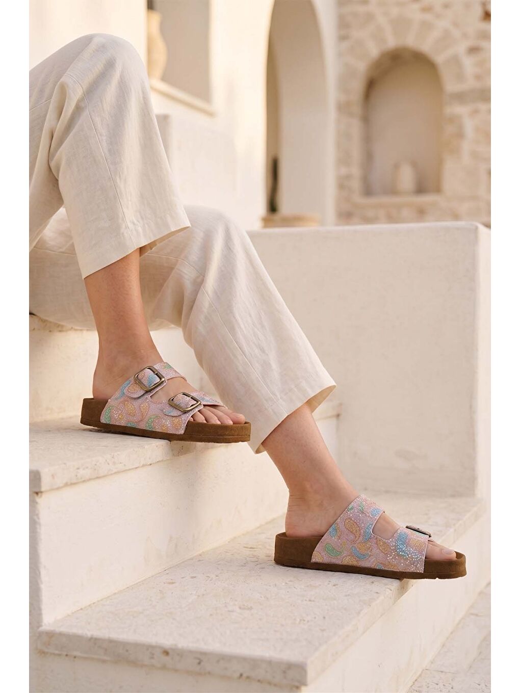 Kadın Mantar Taban Payet Şal Desen Terlik 1007-Z009 Pembe-Bronz-2