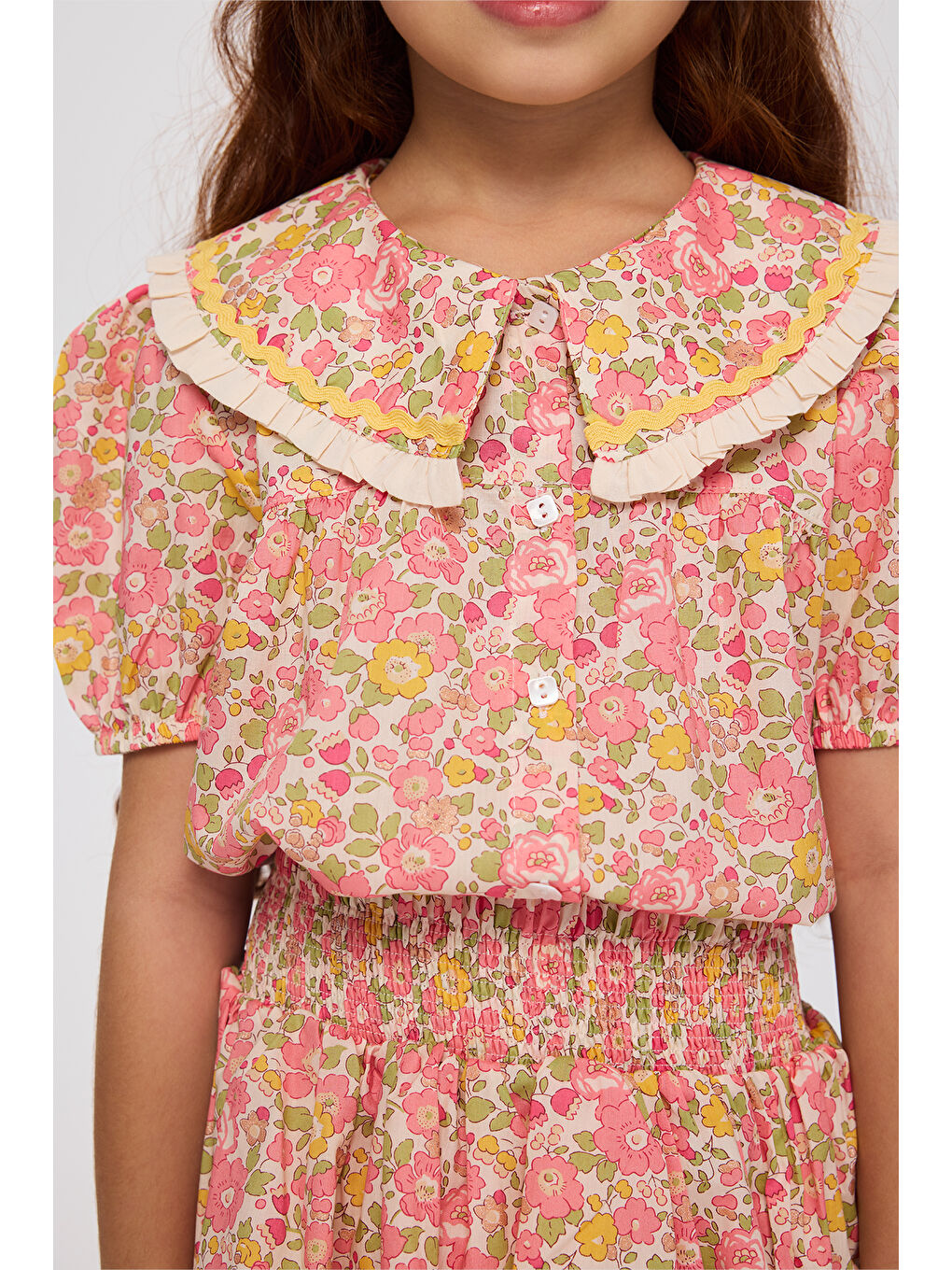 Pembe Liberty Kumaş Çiçek Desenli Kız Çocuk Gömlek-6