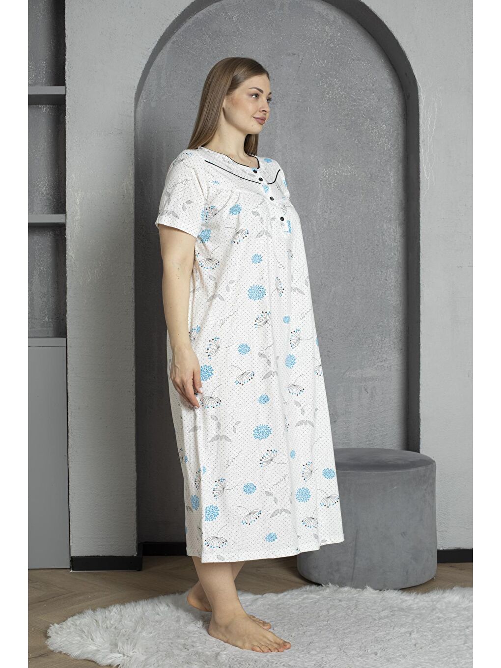 Turkuaz Düğmeli Yaka Kısa Kol %100 Pamuklu Penye Büyük Beden Anne Geceliği 1515-3