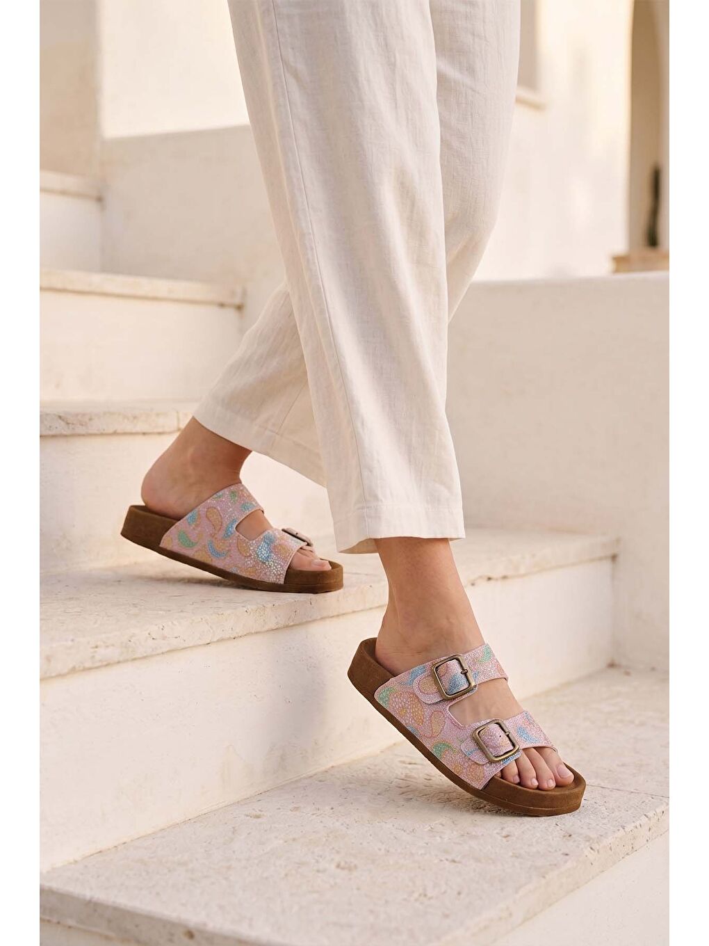 Kadın Mantar Taban Payet Şal Desen Terlik 1007-Z009 Pembe-Bronz-3
