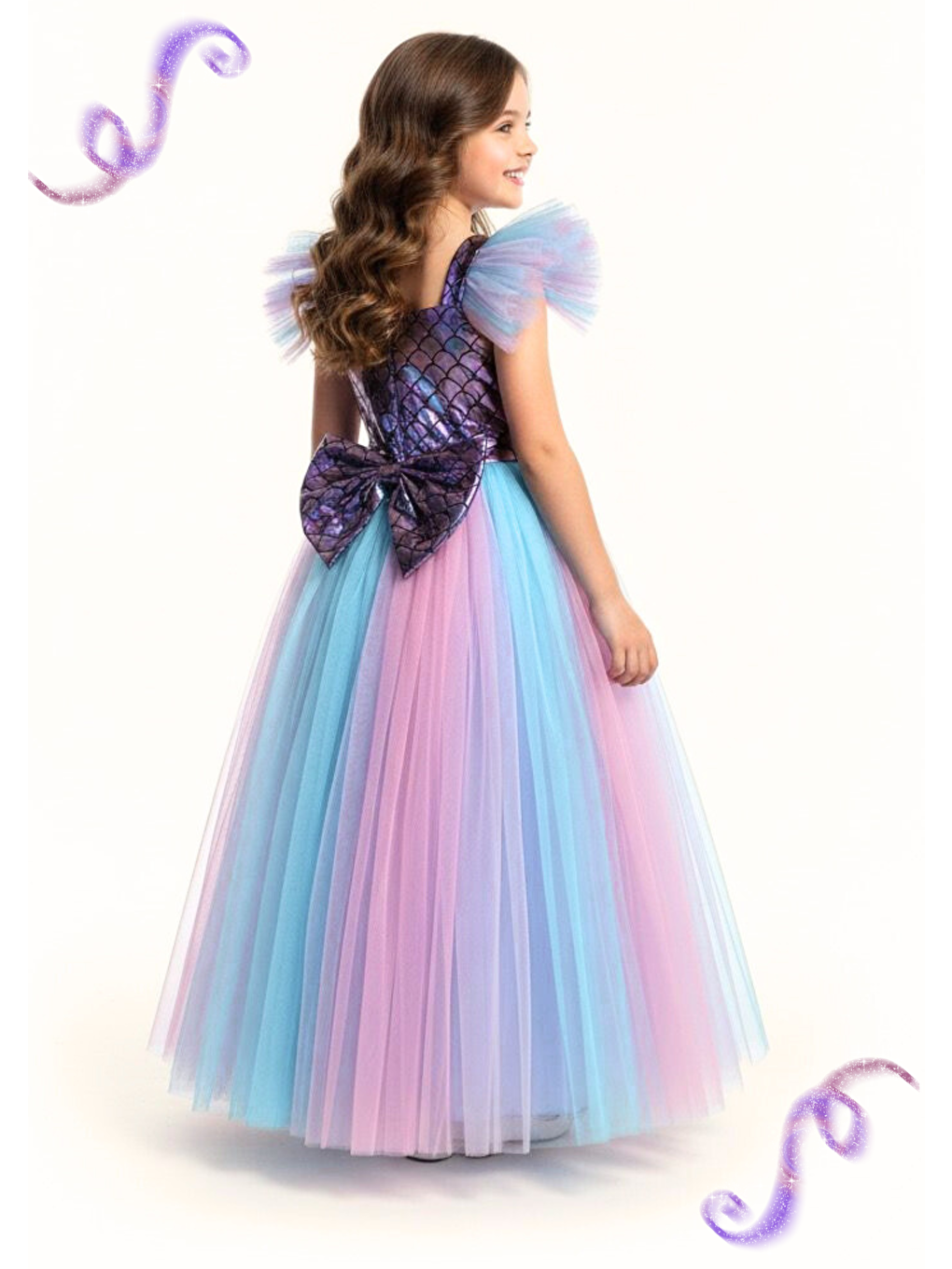 Fuşya Denizkızı Kat Kat Tütülü 3d Abiye Kız Çocuk Elbise-1