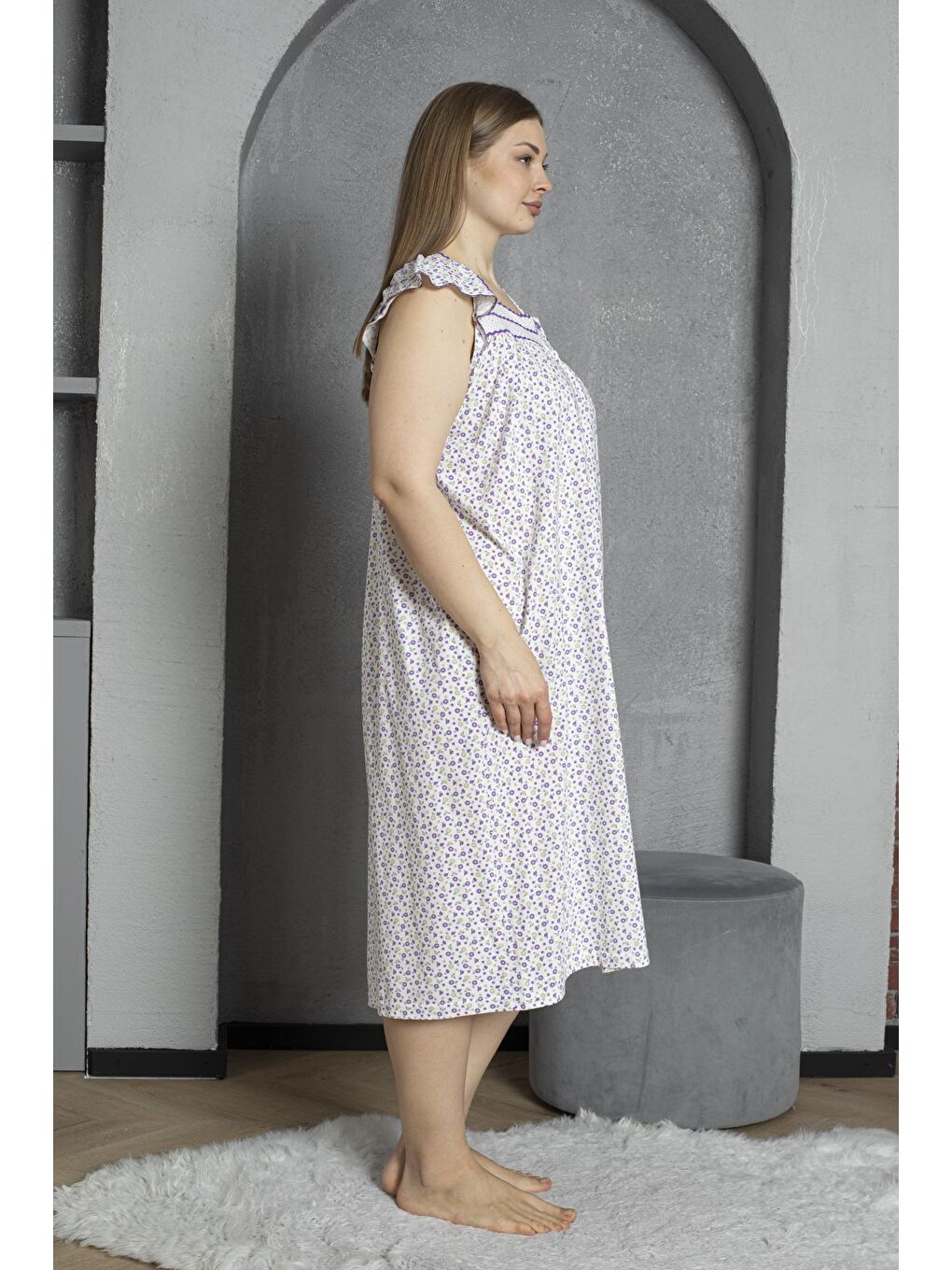 Lila Düğmeli Yaka Kolsuz %100 Pamuklu Penye Büyük Beden Anne Geceliği 600-2