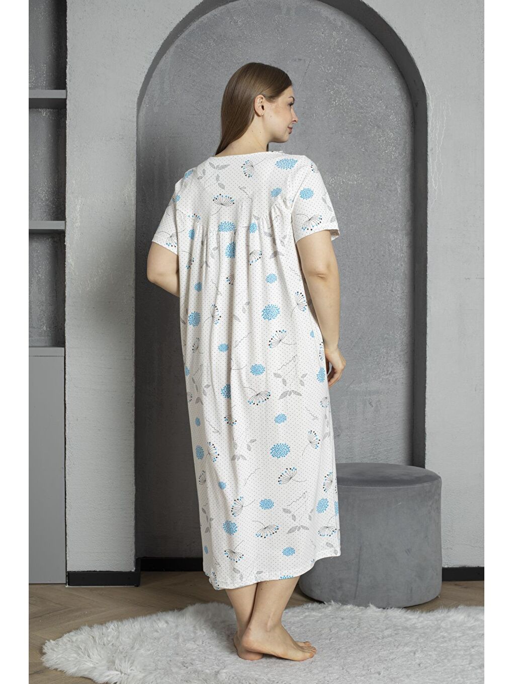 Turkuaz Düğmeli Yaka Kısa Kol %100 Pamuklu Penye Büyük Beden Anne Geceliği 1515-4