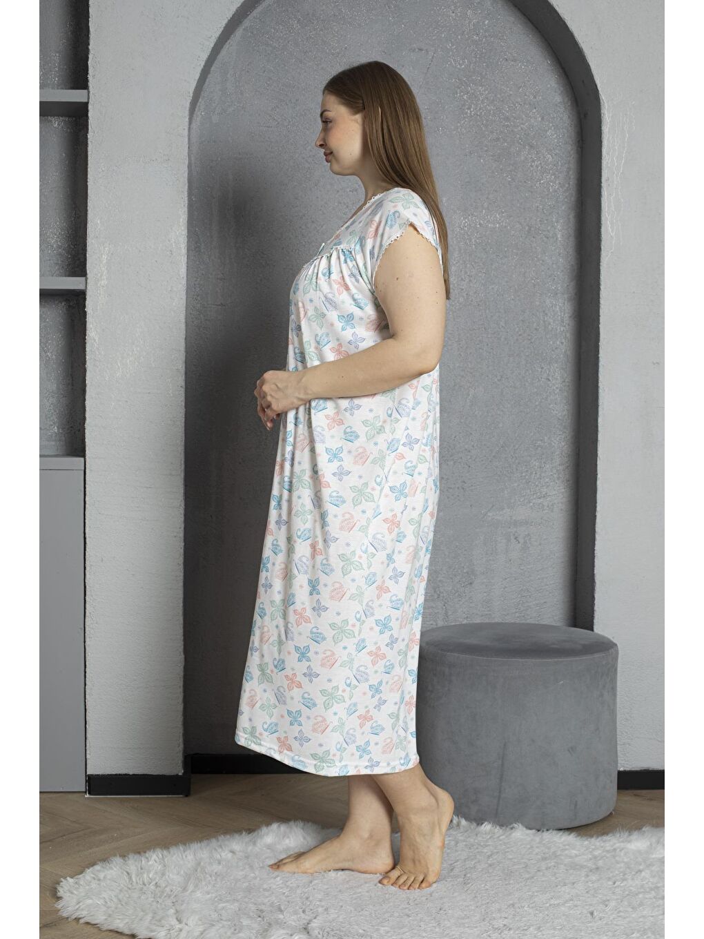 Turkuaz Yakası Düğmeli Kısa Kol Pamuklu Penye Büyük Beden Anne Geceliği 295-2