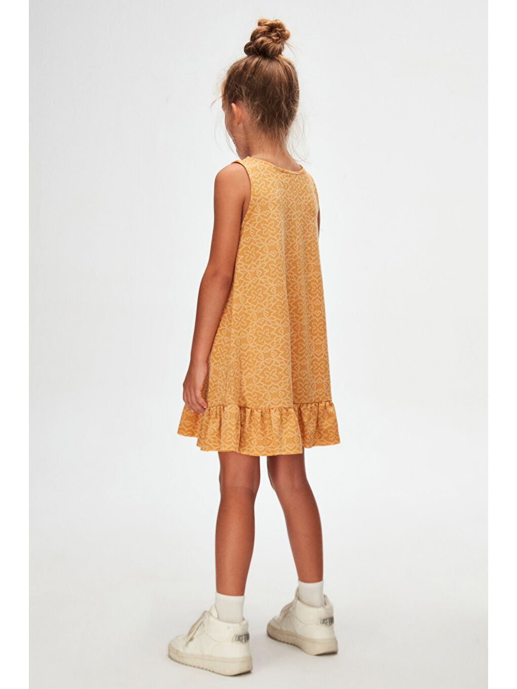 Sarı Hardal Yonca Desen Kız Çocuk Fırfırlı Çan Etekli Elbise-5