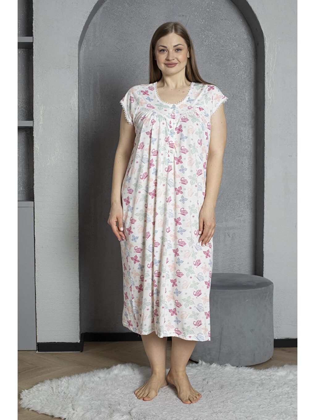 Fuşya Yakası Düğmeli Kısa Kol Pamuklu Penye Büyük Beden Anne Geceliği 295-1