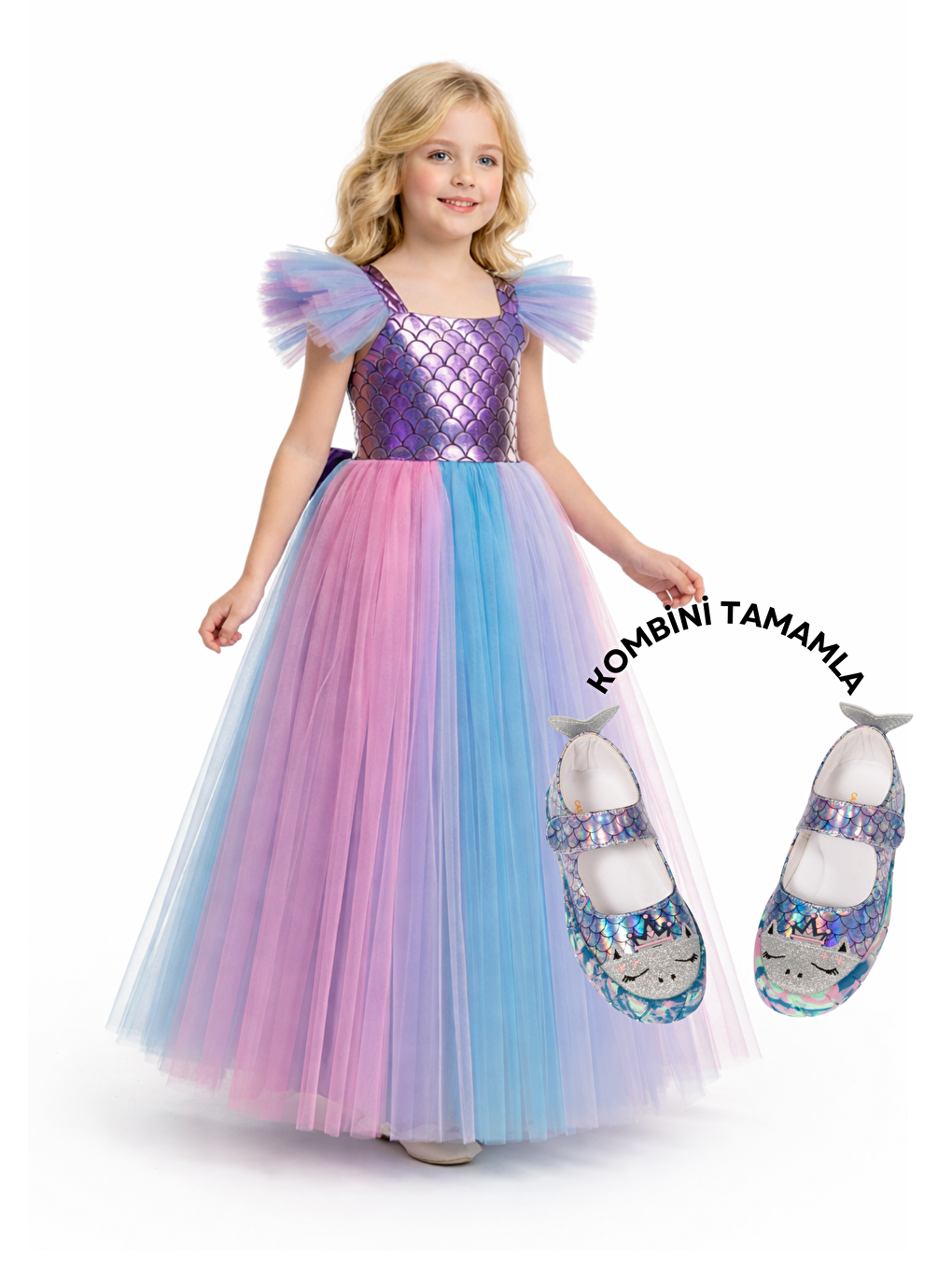 Fuşya Denizkızı Kat Kat Tütülü 3d Abiye Kız Çocuk Elbise-2