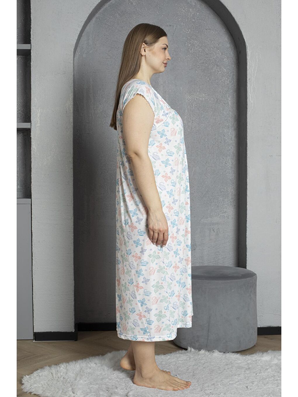 Turkuaz Yakası Düğmeli Kısa Kol Pamuklu Penye Büyük Beden Anne Geceliği 295-3