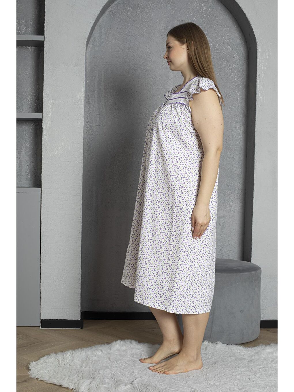 Lila Düğmeli Yaka Kolsuz %100 Pamuklu Penye Büyük Beden Anne Geceliği 600-3