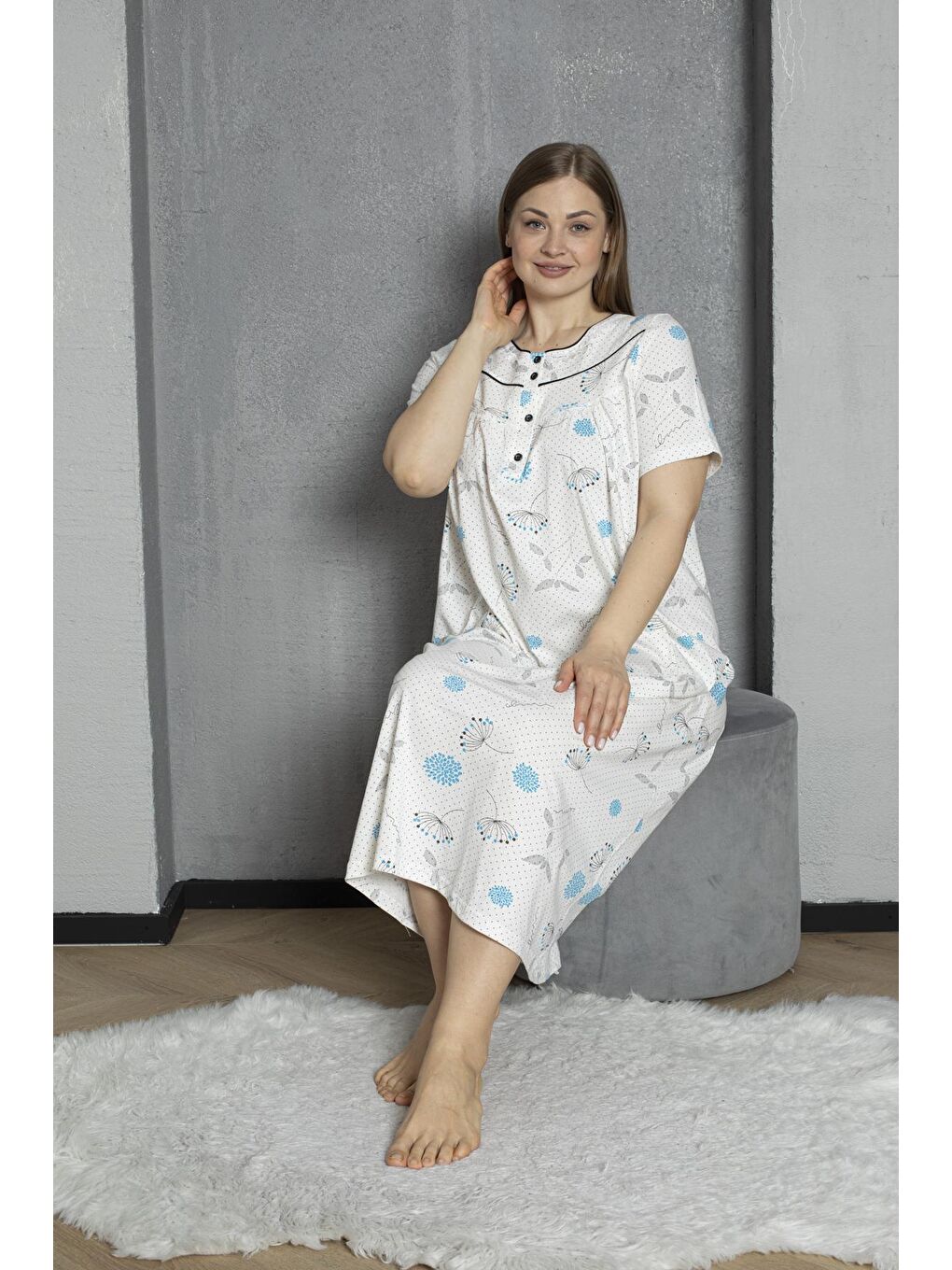 Turkuaz Düğmeli Yaka Kısa Kol %100 Pamuklu Penye Büyük Beden Anne Geceliği 1515-5