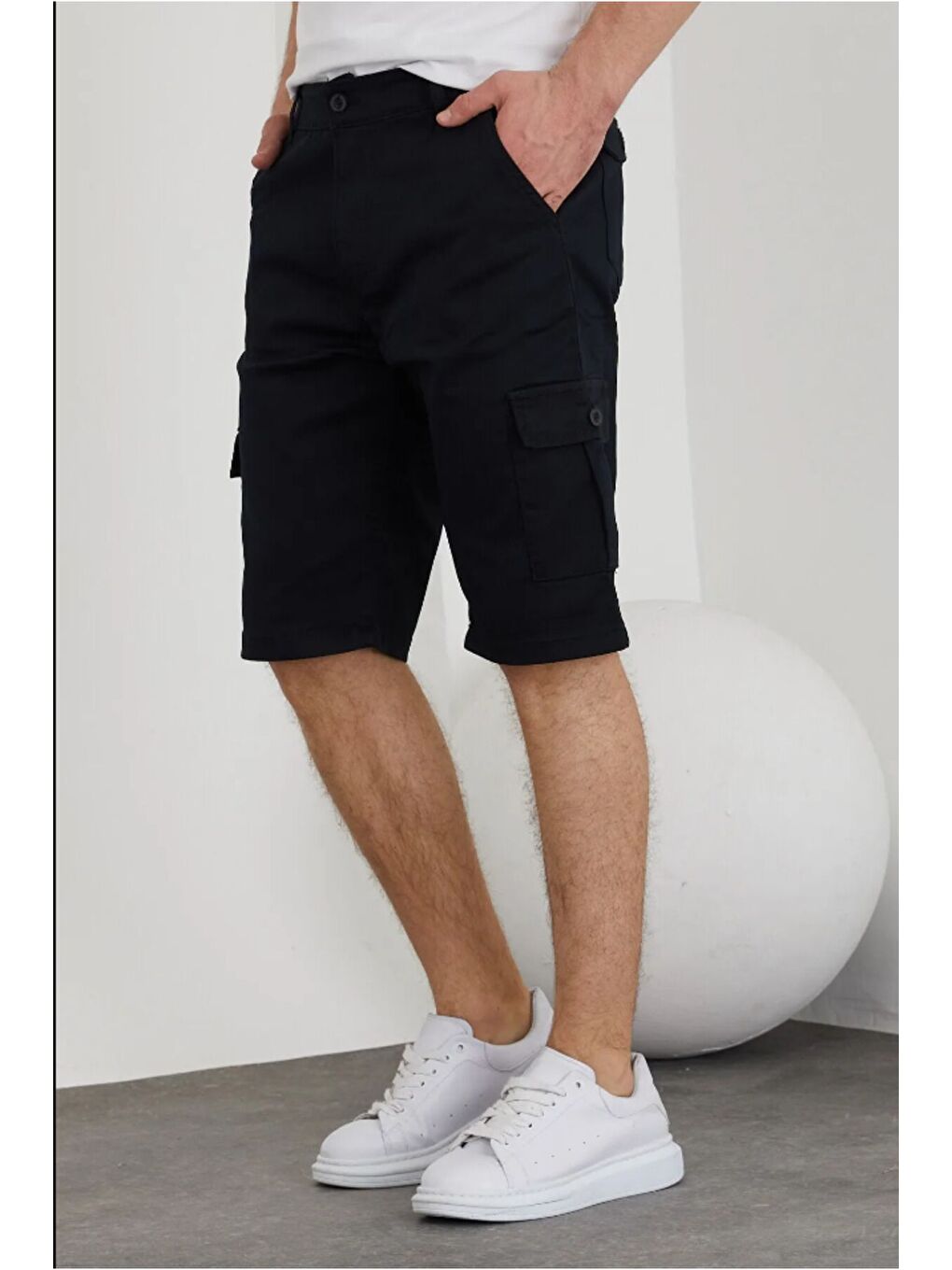 Erkek Lacivert Beli Lastikli Cepli Bermuda Şort-1