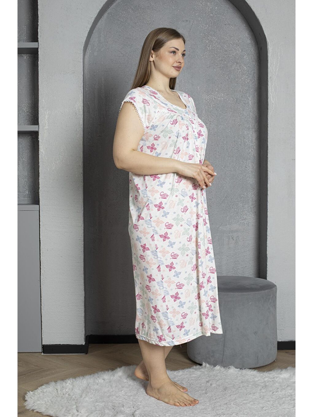 Fuşya Yakası Düğmeli Kısa Kol Pamuklu Penye Büyük Beden Anne Geceliği 295-2