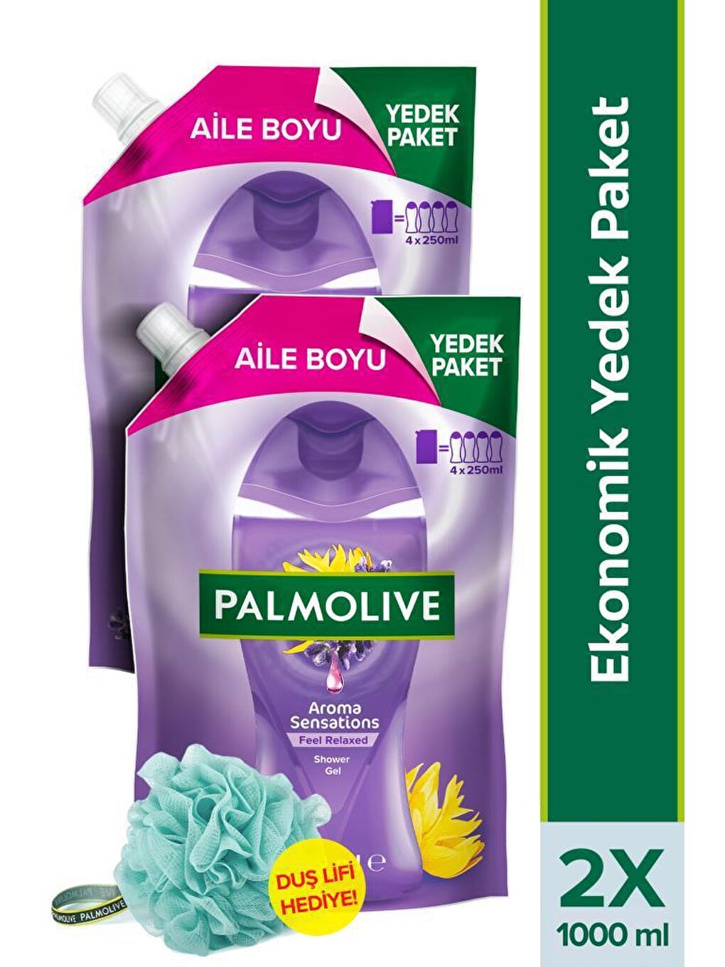 Palmolive Mor Aroma Sensations Feel Relaxed Aile Boyu Yedek Paket Duş Jeli 1000 ml x2 + Duş Lifi Hediye