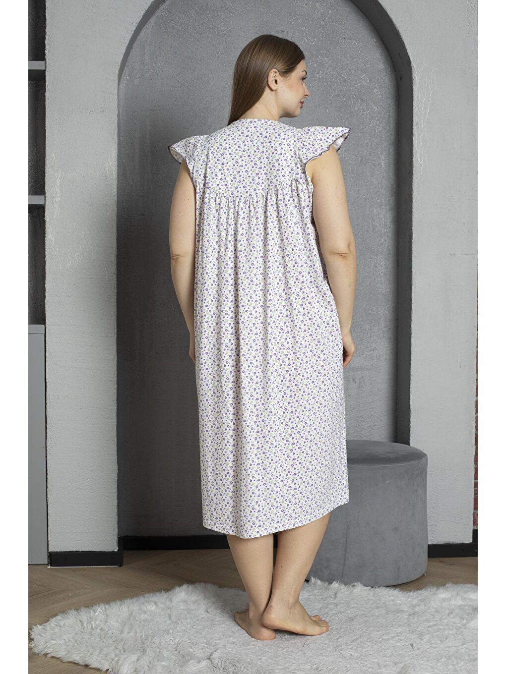 Lila Düğmeli Yaka Kolsuz %100 Pamuklu Penye Büyük Beden Anne Geceliği 600-4