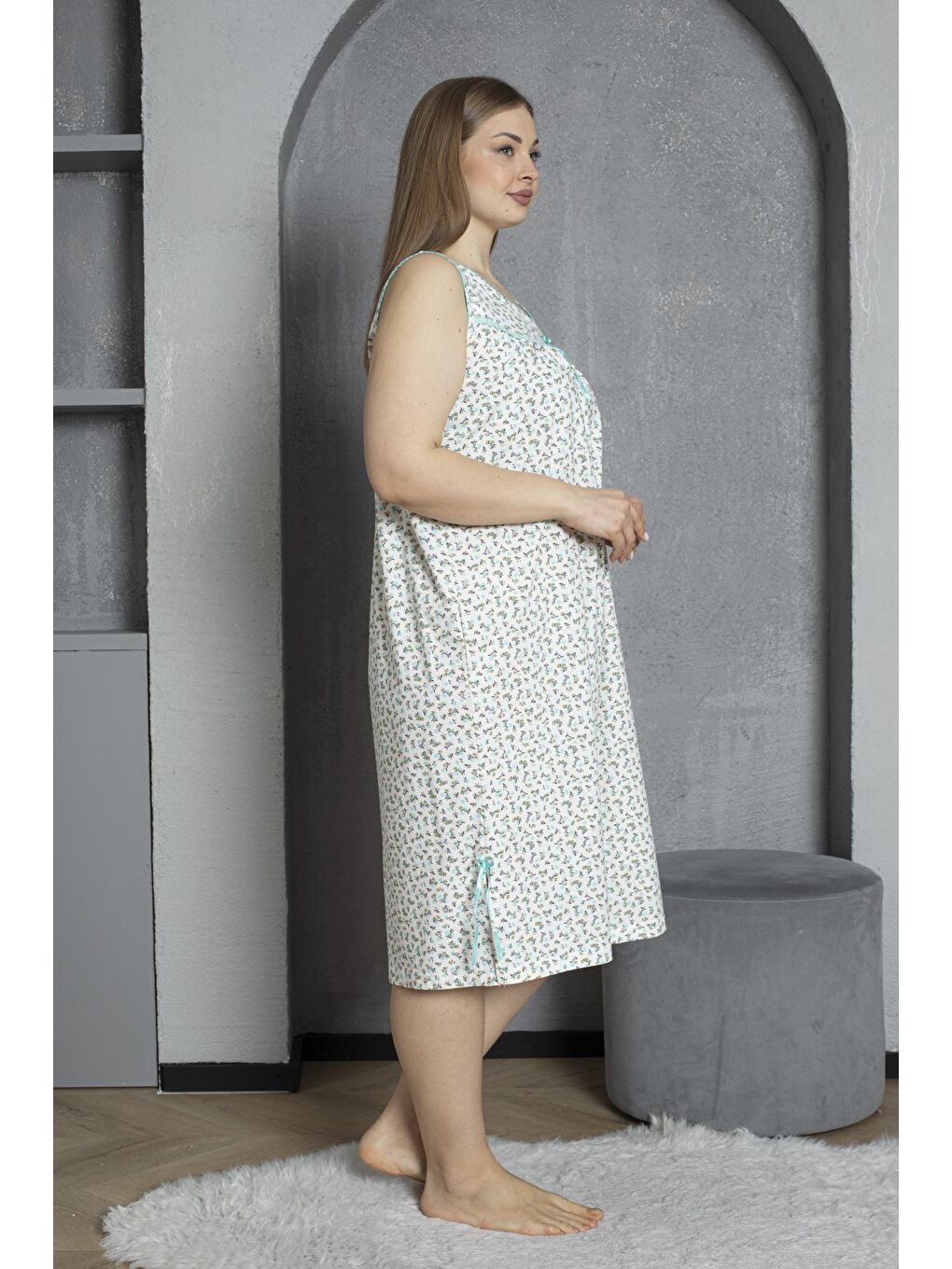 Yeşil Sıfır Kol V Yaka %100 Pamuklu Penye Büyük Beden Anne Geceliği 819-2