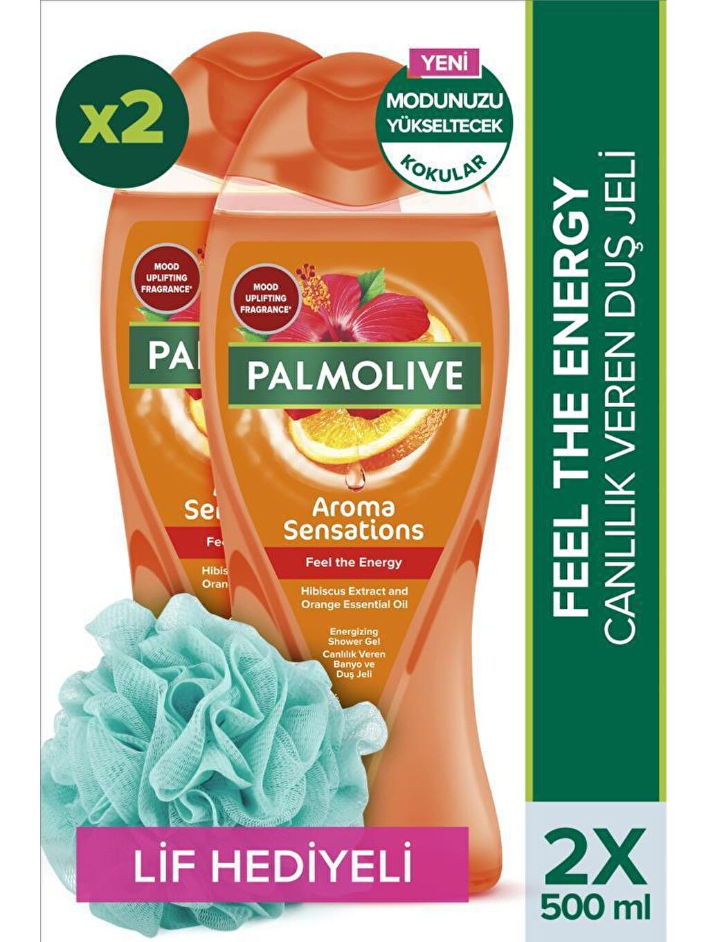 Palmolive Turuncu Aroma Sensations Feel The Energy Banyo ve Duş Jeli 500 ml x 2 Adet + Duş Lifi Hediye