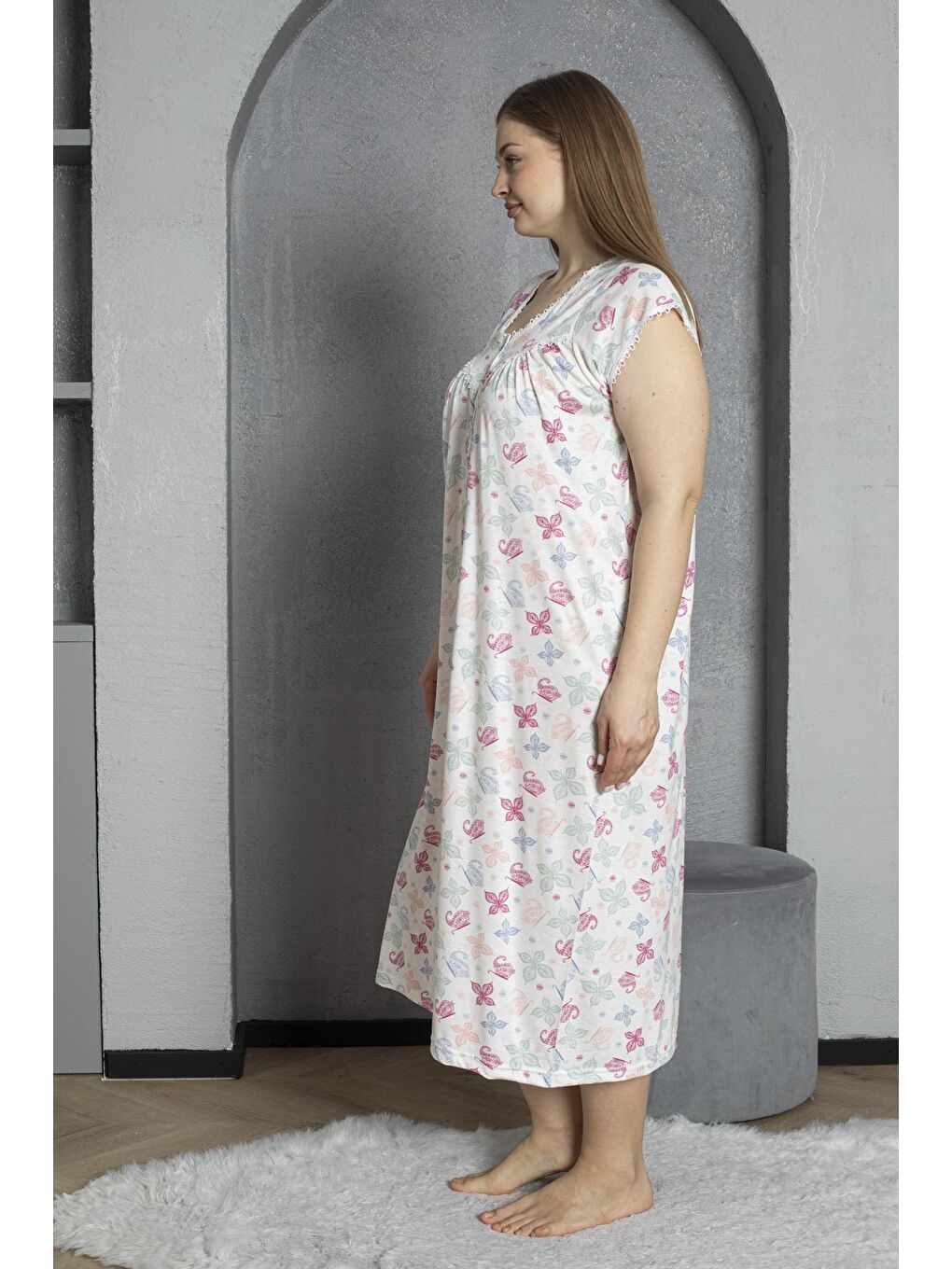 Fuşya Yakası Düğmeli Kısa Kol Pamuklu Penye Büyük Beden Anne Geceliği 295-3