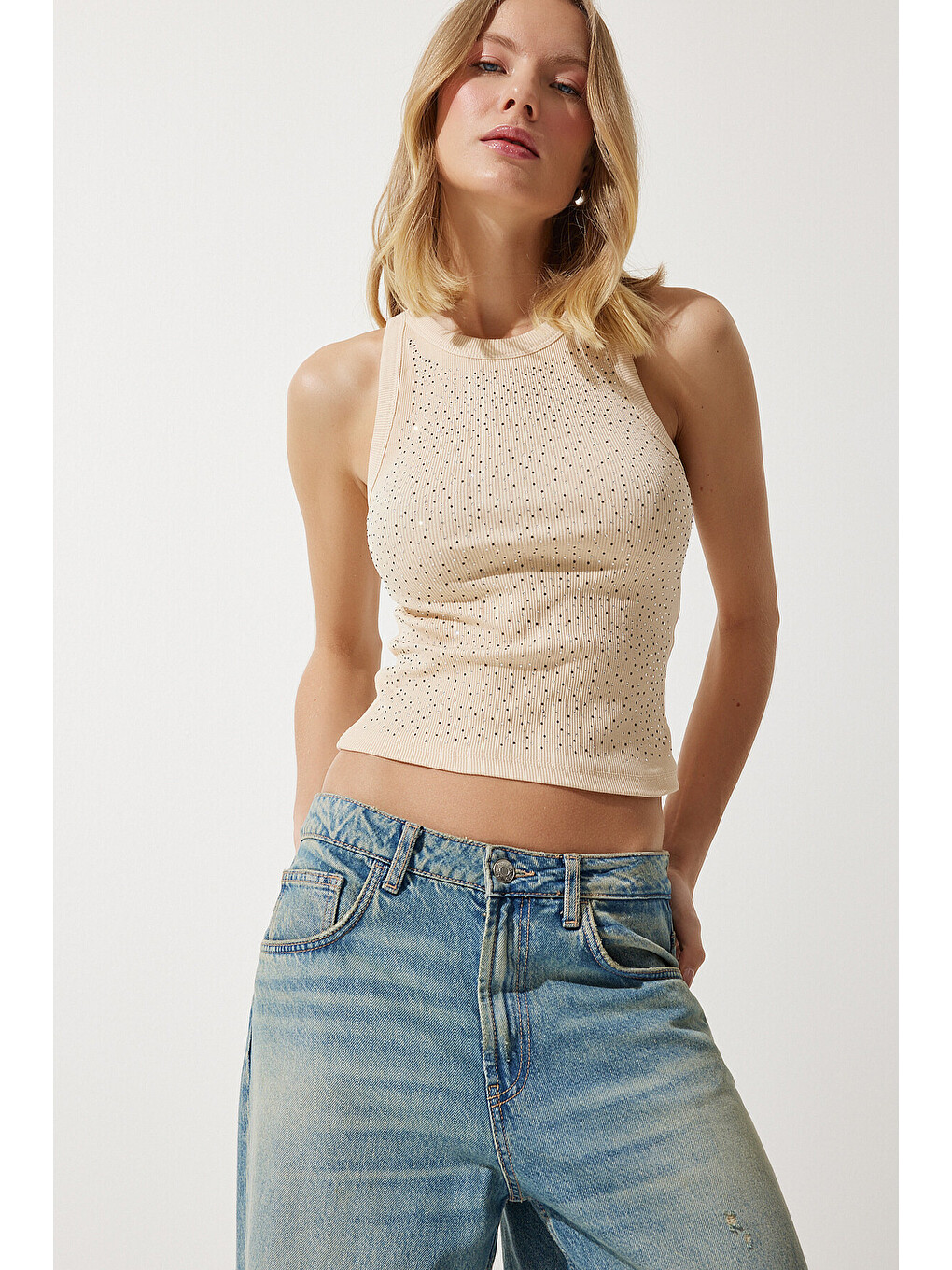 Ekru Taş İşlemeli Crop Triko Bluz KREM LNJ0006-2