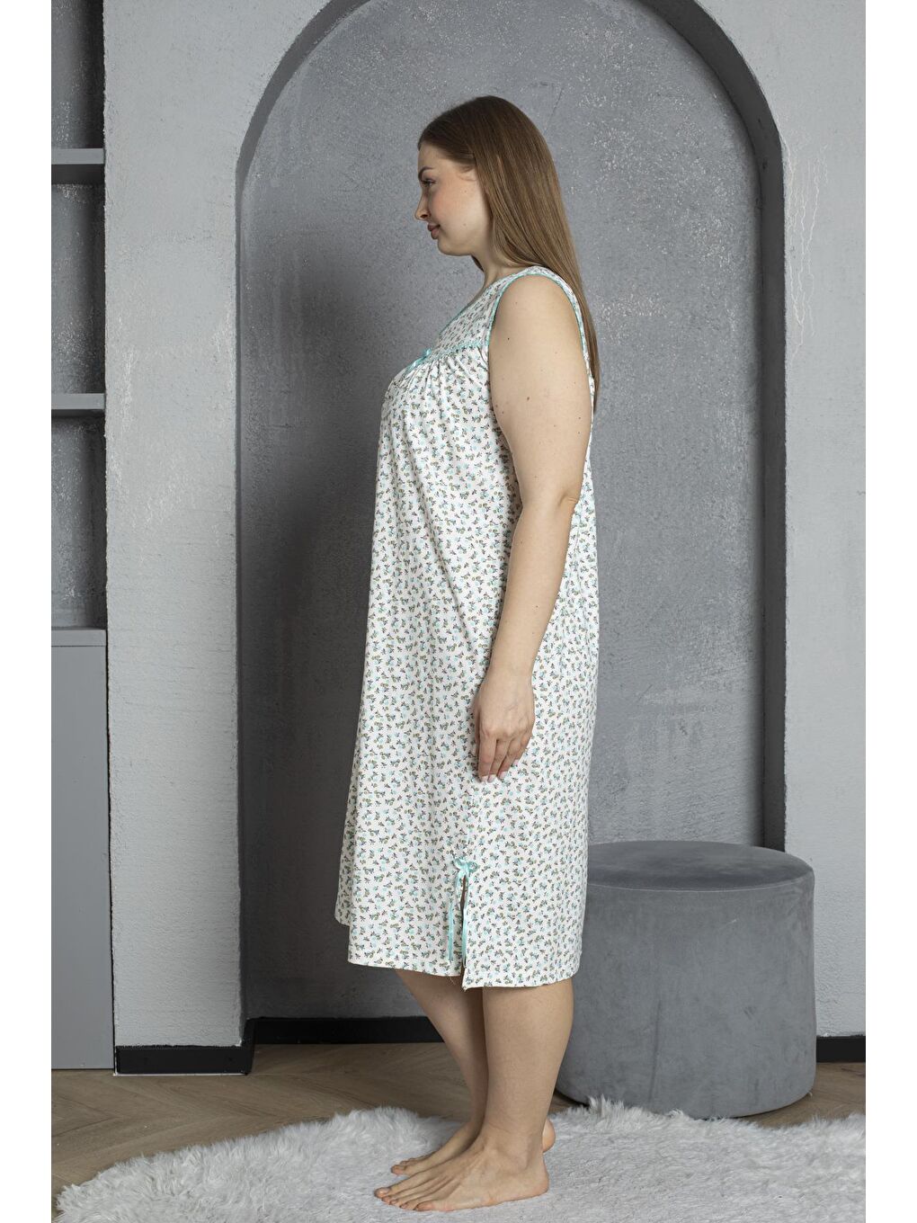 Yeşil Sıfır Kol V Yaka %100 Pamuklu Penye Büyük Beden Anne Geceliği 819-3