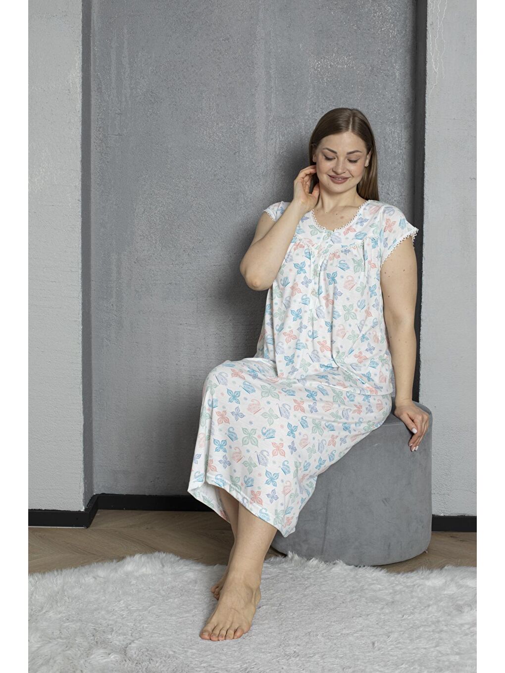 Turkuaz Yakası Düğmeli Kısa Kol Pamuklu Penye Büyük Beden Anne Geceliği 295-5