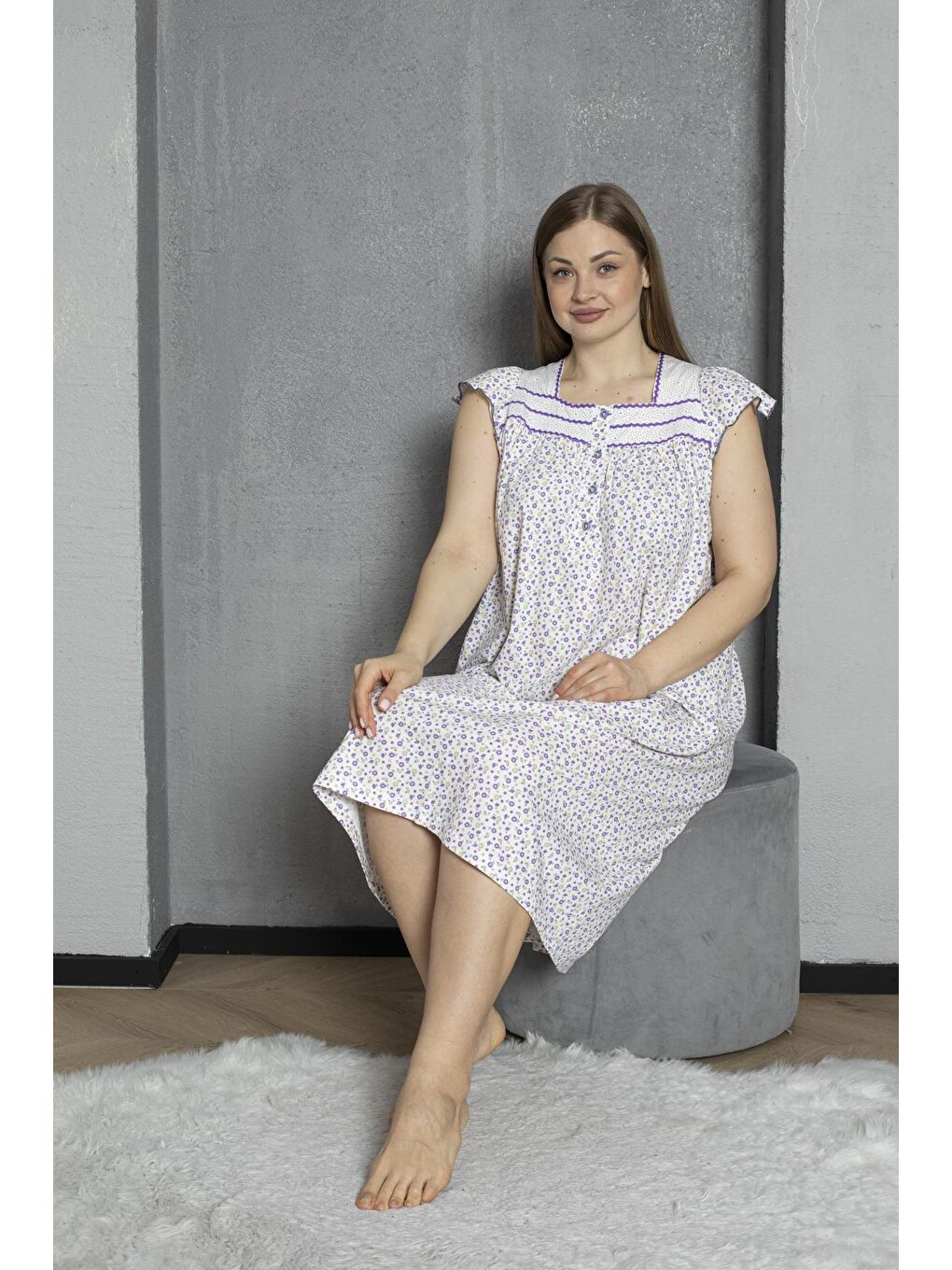 Lila Düğmeli Yaka Kolsuz %100 Pamuklu Penye Büyük Beden Anne Geceliği 600-5