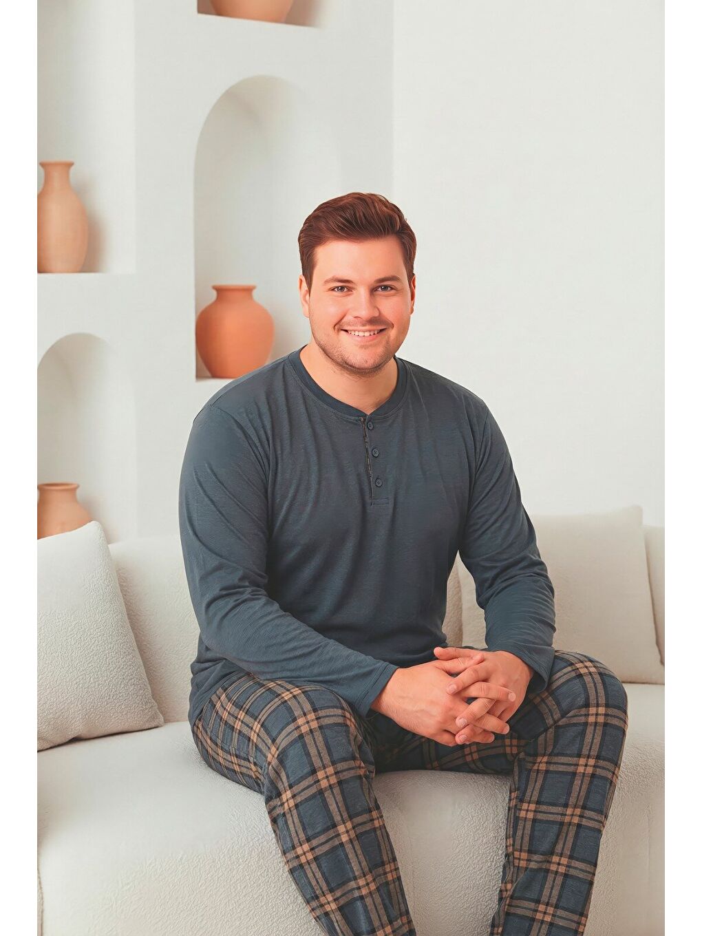 Antrasit Erkek %100 Doğal Pamuk Ekoseli Uzun Kollu Düğmeli Yüksek Kaliteli Battal Pijama Takımı