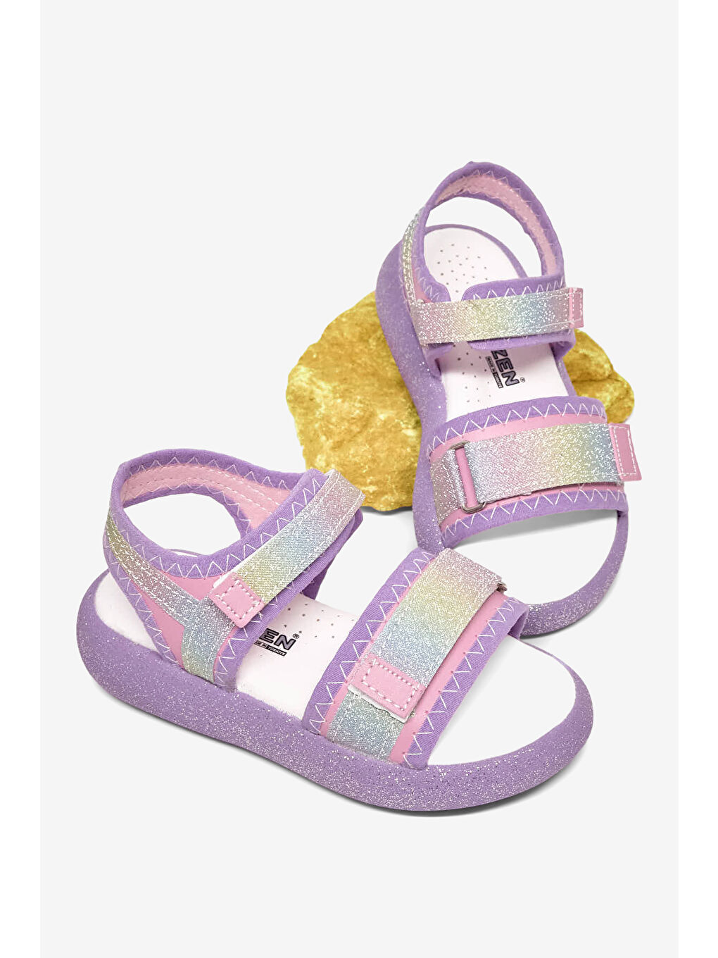 Mor Çocuk Unisex Lila Çocuk Çift Cırtlı Simli Sandalet-3